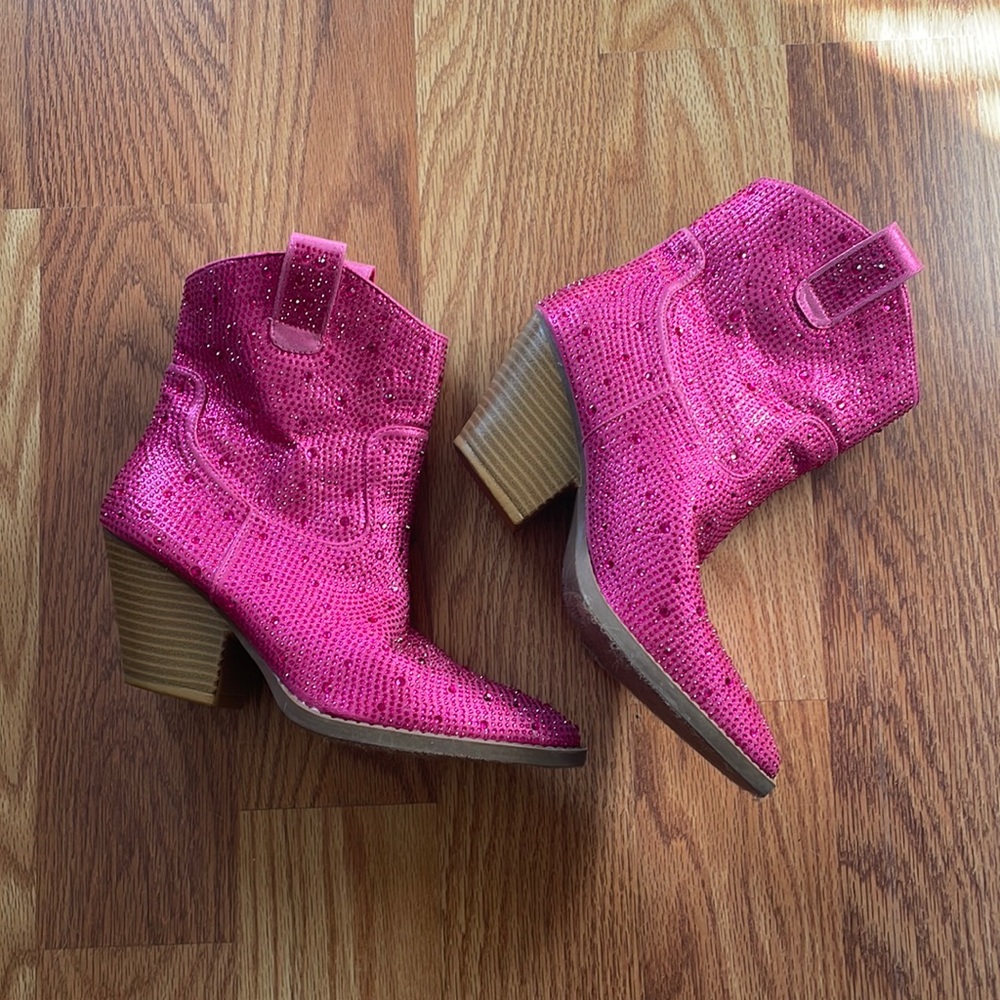Pink Rhinestone Cowgirl Ankle Boots Sz 8 - Picture 3 of 8